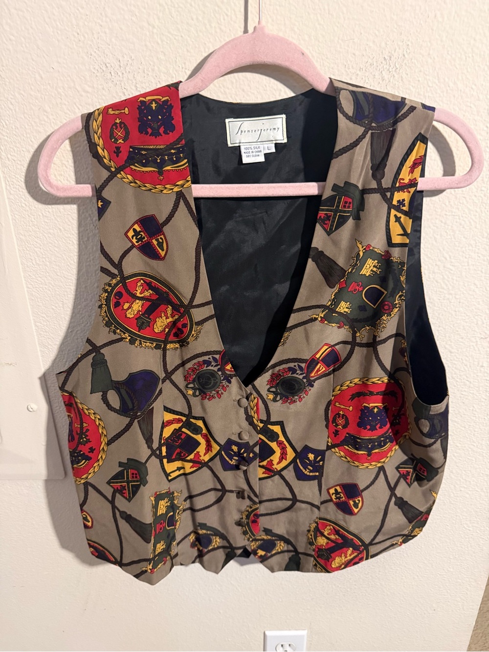 Spenser Jeremy 100% Silk Equestrian Print Vest Gray Red Women’s Large Vintage